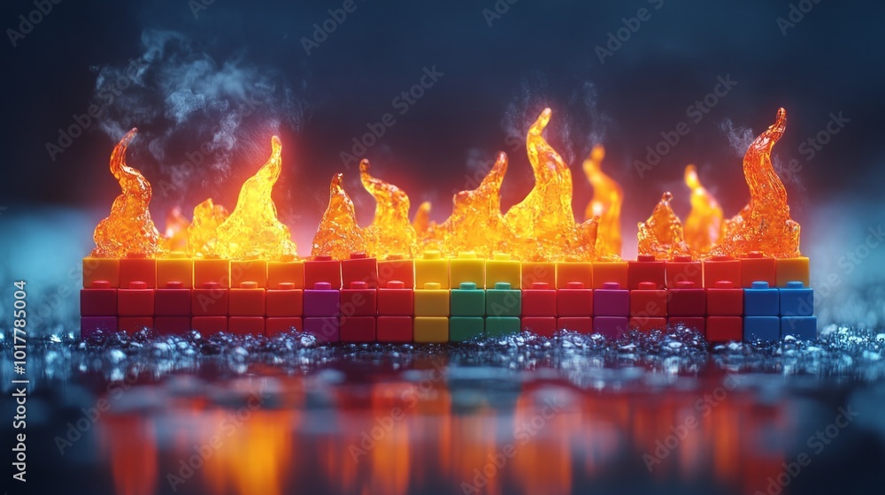 Poster a row of colorful blocks with a fire in the middle
