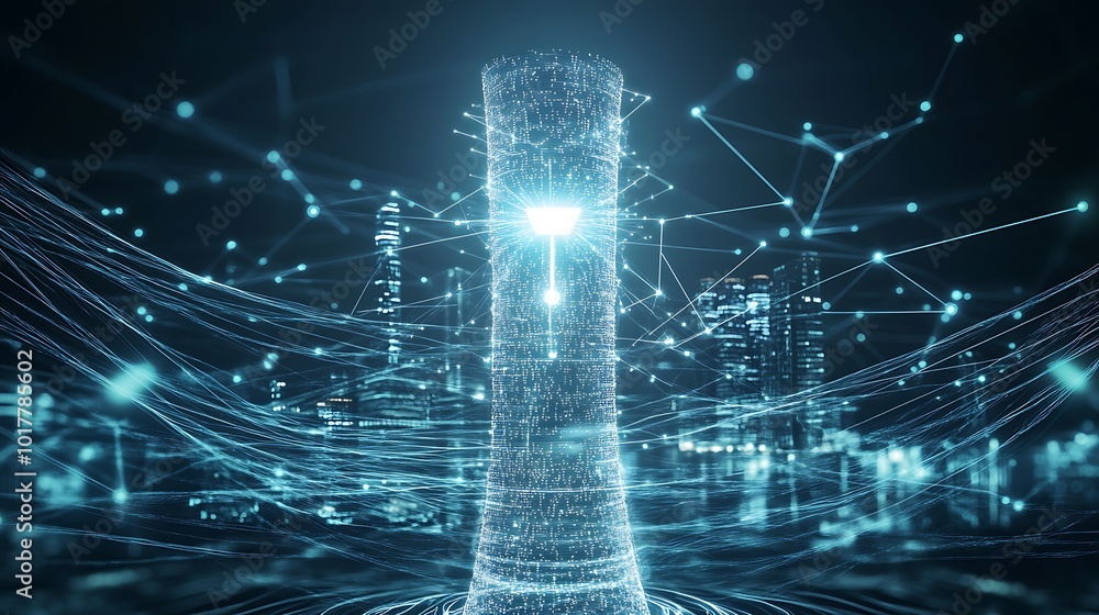 Aufkleber a glowing tower of digital data stands tall above a city skyline, symbolizing the power of technolog