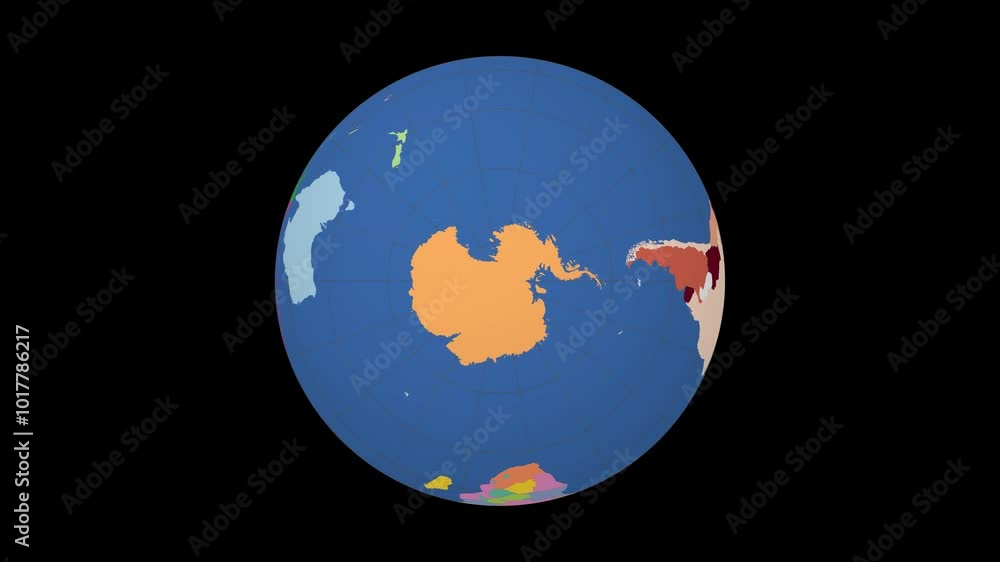 Poster rotating globe. south pole sphere view. slow speed earth rotation. colored countries style. world ma