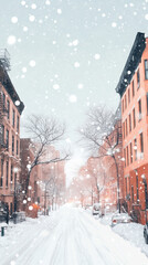 Snowy city street during holiday season with falling snow and lights christmas urban landscape for cards and prints. Print, poster, home decor, greeting card, postcard, flyer, ads