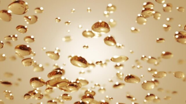 Golden oil or collagen droplets float in liquid. Omega fatty acids or retinol bubbles. Concept luxury skincare cosmetics, anti-aging treatments and moisturizing beauty products. Premium cosmetic
