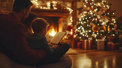 Family gathering by the fireplace reading together on a cozy Christmas evening beside a beautifully decorated tree