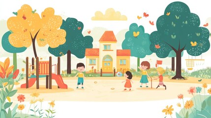 A group of children playing in a park with a house in the background