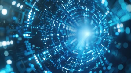 A blue lighted tunnel with a bright light at the end