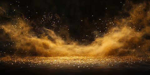 Golden dust and sand on the black background, scattered gold dust, sand effect with glitters and sequins. Wallpaper and banner.
