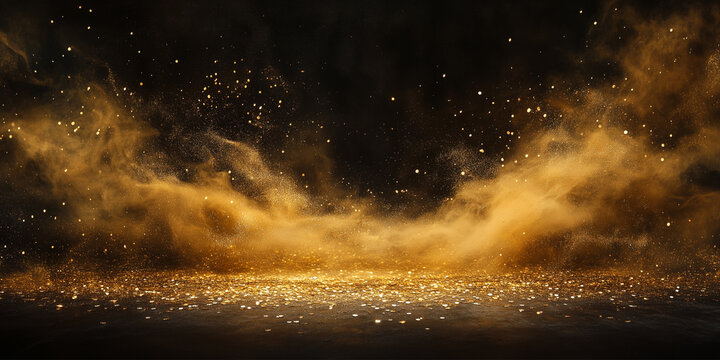 Golden dust and sand on the black background, scattered gold dust, sand effect with glitters and sequins. Wallpaper and banner.