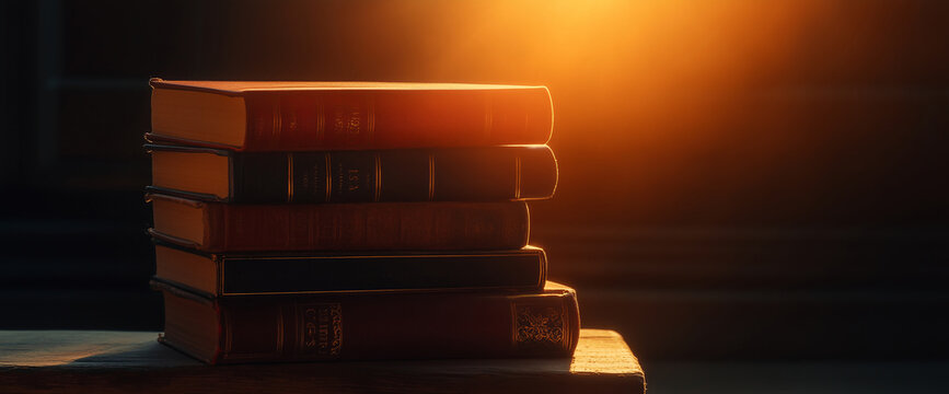 Vintage books on stack for reading or literature projects against dark background with copy space. Education and studying concept. Minimalistic banner composition