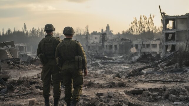 Soldiers survey a war-torn city at dawn, amidst ruins, conveying history and resilience.