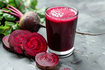 Freshly made beetroot juice served in a glass with sliced beets beside it on a gray surface