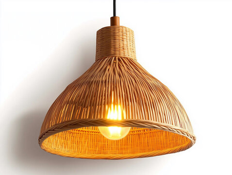 stylish woven pendant lamp made of natural rattan, illuminating warm glow. This unique lighting fixture adds touch of elegance and warmth to any space. 