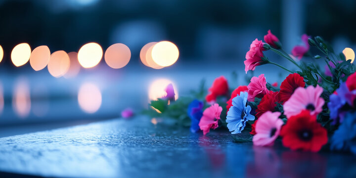 Red and blue flowers lay on wet stone surface with bokeh lights in the background. Memorial and remembrance concept. For greeting cards and posters.