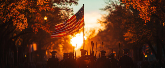 American flag carried by soldiers at sunset during Veterans Day parade. Patriotic and military tribute concept. For poster and banner. Silhouette view from behind with copy space