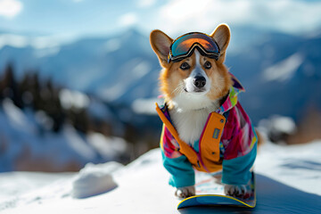 Corgi in goggles and colorful snowboard jacket stand on snowboard in snowy mountain landscape. Extreme sports and winter adventure concept. For banner and poster with copy space.
