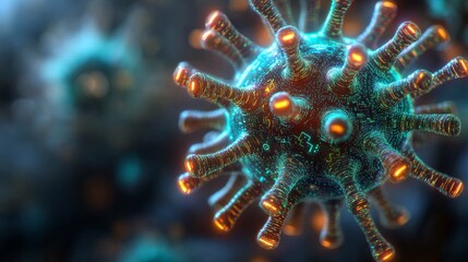 Microscopic view of virus showing pathogen containing binary code