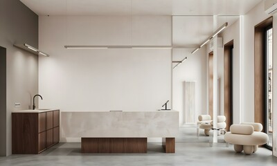 Modern and stylish kitchen interior design with a dinner table in a luxurious style concept..
