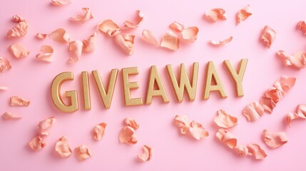 Giveaway promotion background with gold text and rose petals on pink