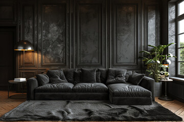 A sophisticated modern living room with dark textured walls, a plush black sectional sofa, a black floor lamp, and a cozy shag rug, illuminated by soft natural light from large windows.