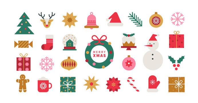 Set of Christmas minimalist geometric elements. Xmas abstract icons in minimalist style. Christmas tree, snowman, gifts, deer and holiday decoration. Modern vector flat illustration.