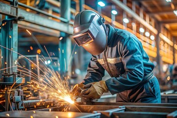 Industry and hard work. A welder in protective gear works with a welding machine for welding steel at the factory.