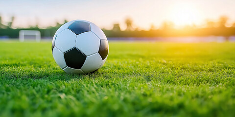Close-up soccer ball lays on the grass with goal in background. For sports poster, banner design. For sports events, sport's camps, media graphics, website banners. 
