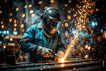 Industry and hard work. A welder in protective gear works with a welding machine for welding steel at the factory.