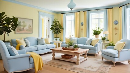 charming nature friendly traditional living.Photo living roomdesign with pastel blue and yellow