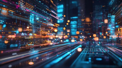 Futuristic Digital Cityscape with Vibrant Neon Lighting and Dynamic Data Visualization