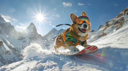 Corgi in goggles on snowboard downhill on snowy mountain with the sun shining in the background. Extreme sports and winter adventure concept. For banner and poster with copy space.