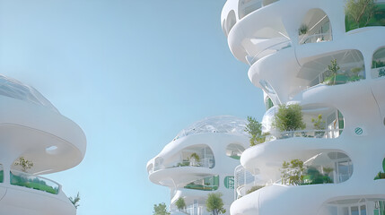 Futuristic eco-friendly architecture showcasing sustainable design elements, integrating nature with innovative building concepts.
