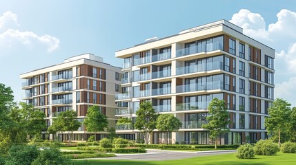 A new modern block of flats nestled in a green area, featuring residential apartments with sleek, flat building exteriors.