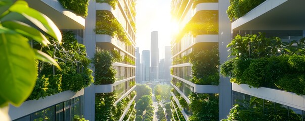 Sustainable Urban Oasis, a vibrant cityscape showcasing innovative renewable architecture, blending nature with modern living for a greener future