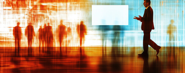 Obraz premium A professional figure stands amidst abstract silhouettes, conveying themes of communication and connection.