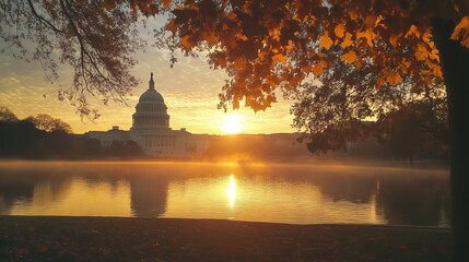 Obraz premium A breathtaking sunrise over the United States Capitol Building in Washington, D.C., bathes the iconic structure in warm golden light.
