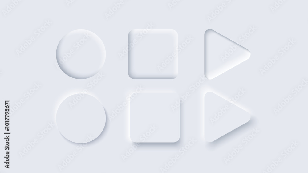 Poster 3d vector buttons of neomorphic design. geometric shapes, circle, square and triangle. white backgro