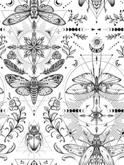 Vector black and white seamless pattern with mystical objects, butterflies, plants, elements of astrology and sacred geometry.