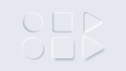 3D vector buttons of neomorphic design. Geometric shapes, circle, square and triangle. White background with light shadows. Geometry of web elements, modern 3D design trend.