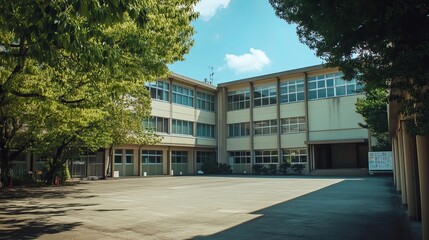 The exterior of the school building features a clean, functional design, with large windows allowing natural light to flood the interior.