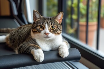 Naklejka premium Cat lounging on a treadmill by a window.