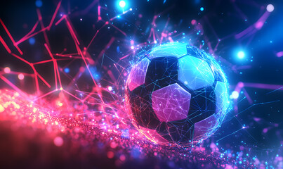 Dynamic Neon Football Action with Futuristic Geometric Patterns and Vibrant Light Trails for High-Energy Sports Advertising Backgrounds