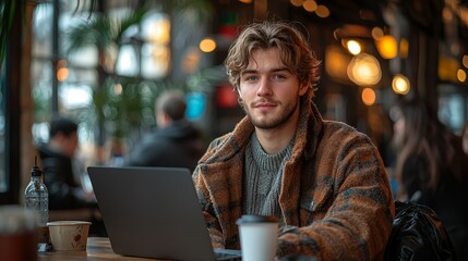 A young man working on a laptop in a cozy café setting.