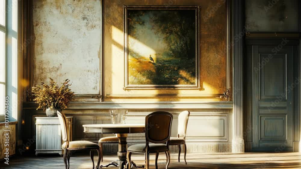 Poster golden sunlight streams through a window in a grand dining room, illuminating a table set for a meal