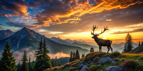 Obraz premium Majestic Deer Silhouette in Mountainous Landscape - Scenic Nature Photography