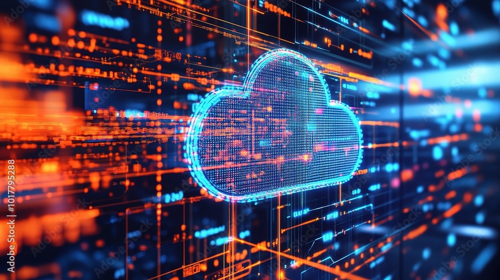 Poster digital cloud concept with data streams and light effects