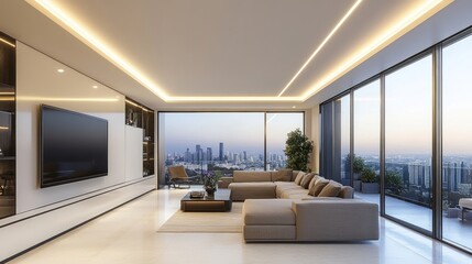 Fototapeta premium Decorative recessed ceiling featuring a continuous line of LED strip lighting, casting a subtle and luxurious glow in a modern interior