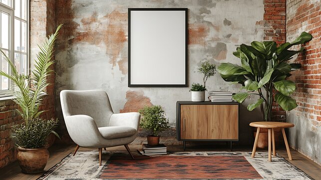 A cozy living room with a large, empty picture frame hanging on a brick wall, a comfy armchair, a side table with plants, and a rug.