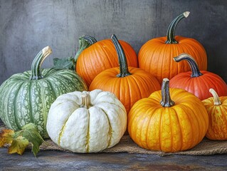 variety of pumpkins on farm table