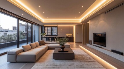 Fototapeta premium Recessed ceiling with secret LED strip lighting, casting a subtle glow and elevating the modern aesthetic of the room's interior design.