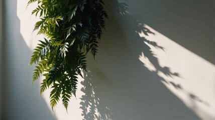 Obraz premium Sunlight streams through a window, casting long shadows of a hanging fern on a white wall.