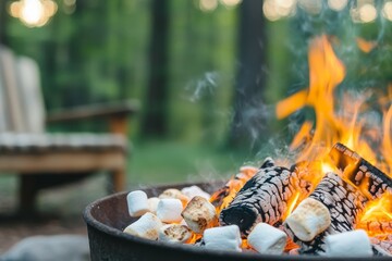 A cozy bonfire at the end of the BBQ with friends roasting marshmallows. The smell of toasted marshmallows and laughter surrounds, Generative A