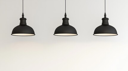 Obraz premium Three black ceiling-mounted pendant lights positioned in front of a pristine white wall, perfect for lighting or design concept mockups. 3D rendering.